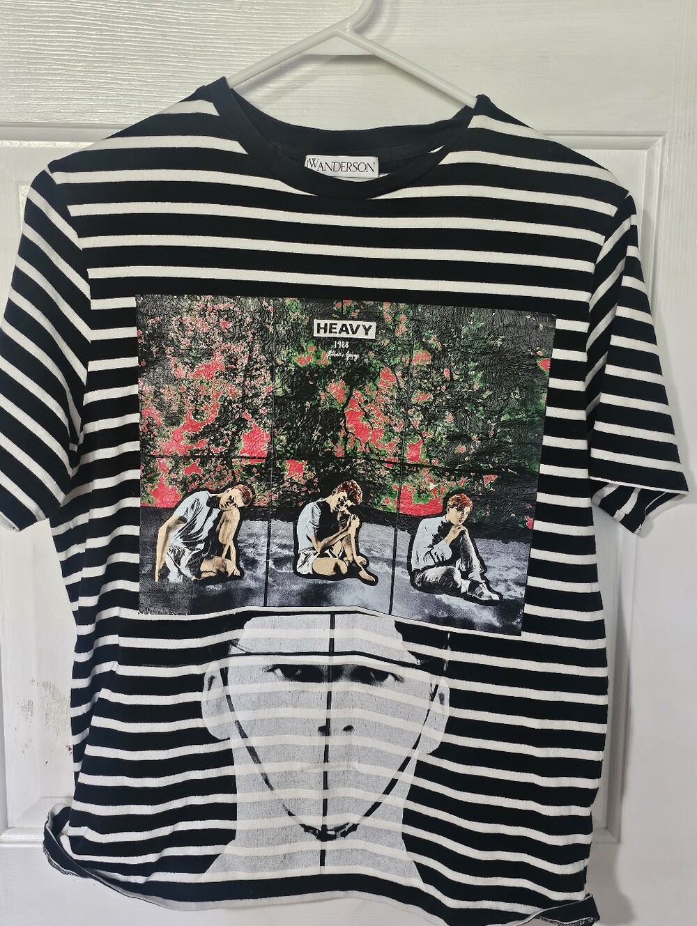 JW ANDERSON Black and White Striped Tee with Multi-Color Graphic Panel